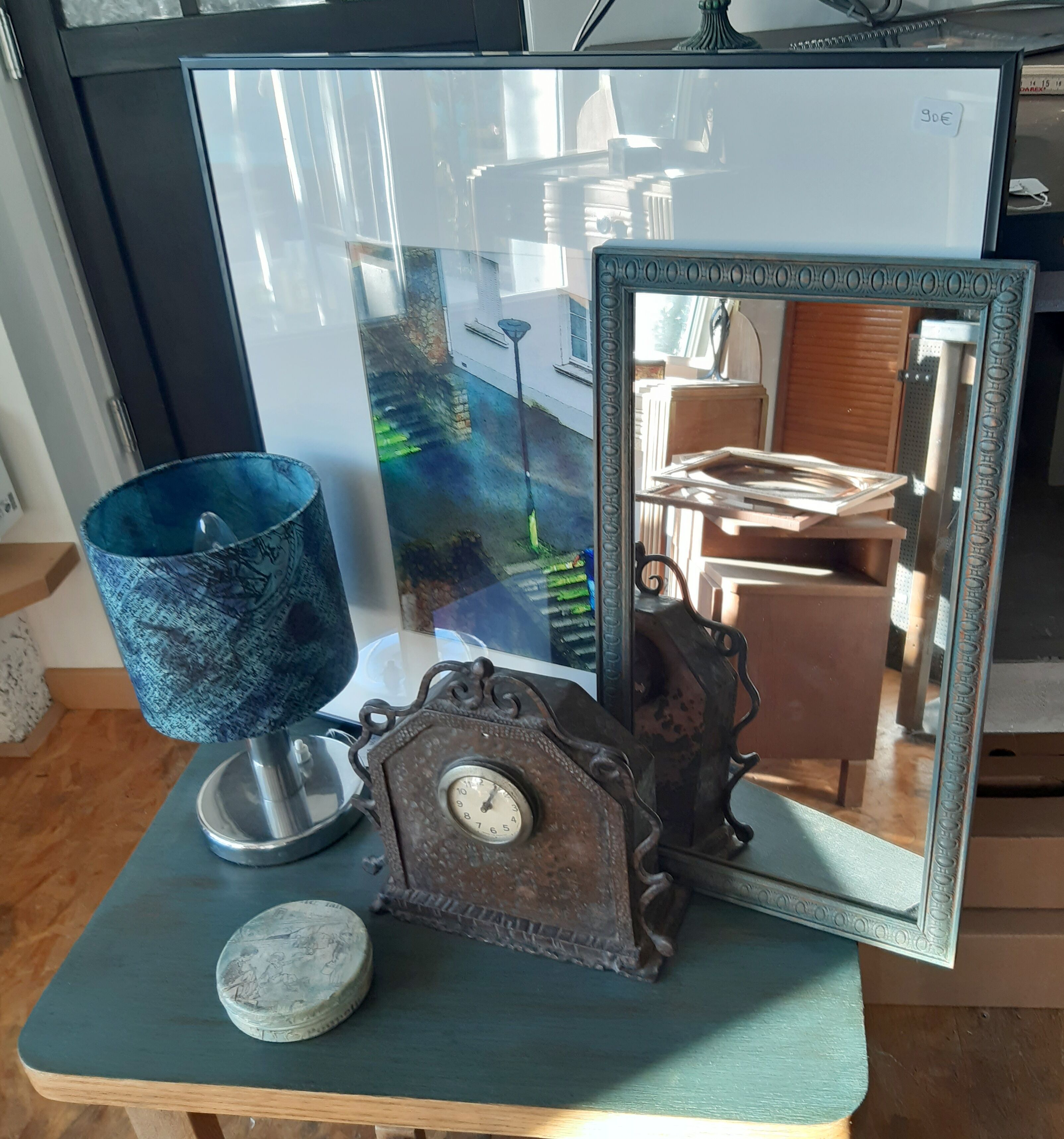 Mirror, art deco, wood, blue velvet patina, antique wax