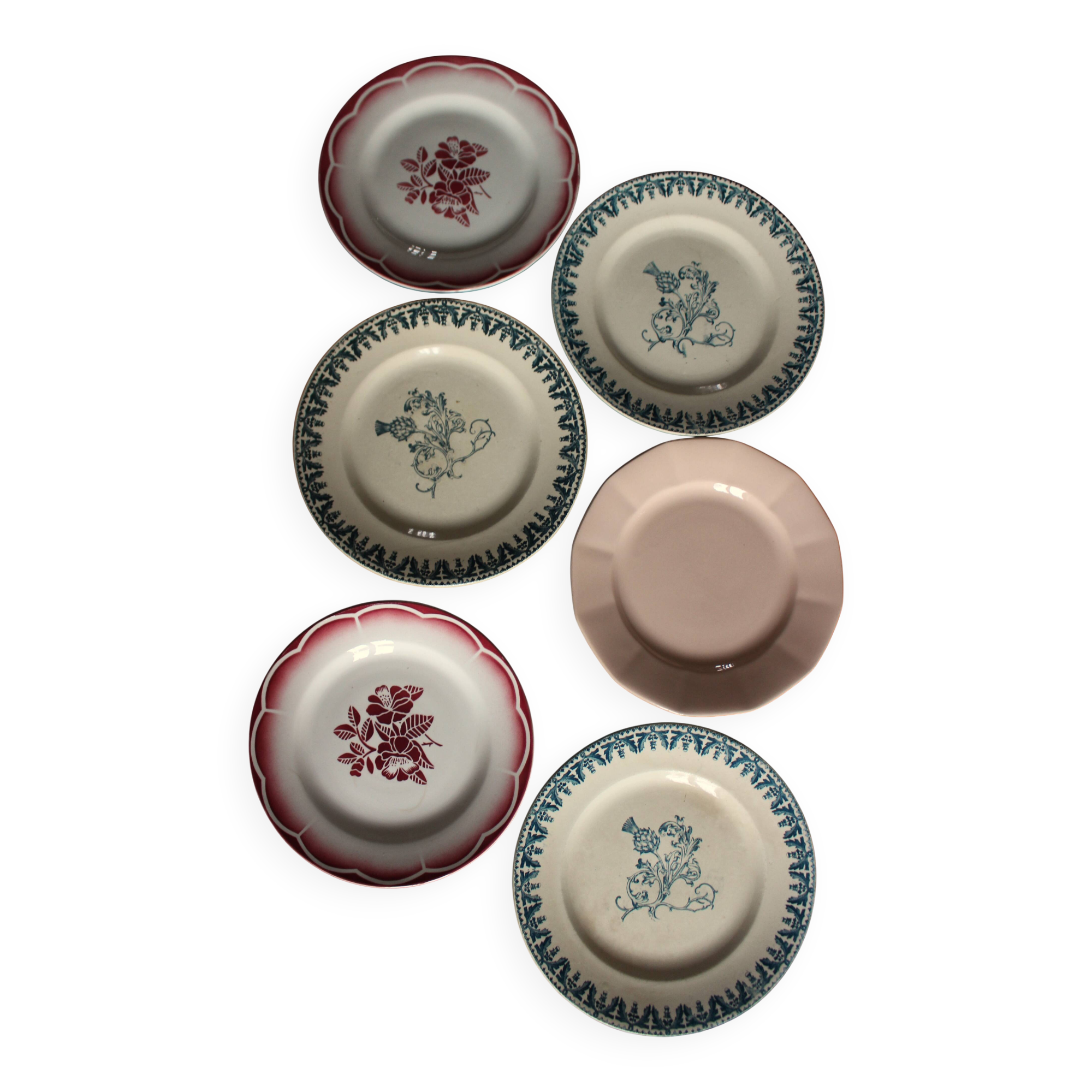 6 mismatched flat plates Terre de Fer Digoin Sarreguemines