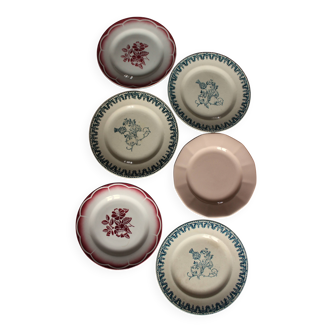6 mismatched flat plates Terre de Fer Digoin Sarreguemines