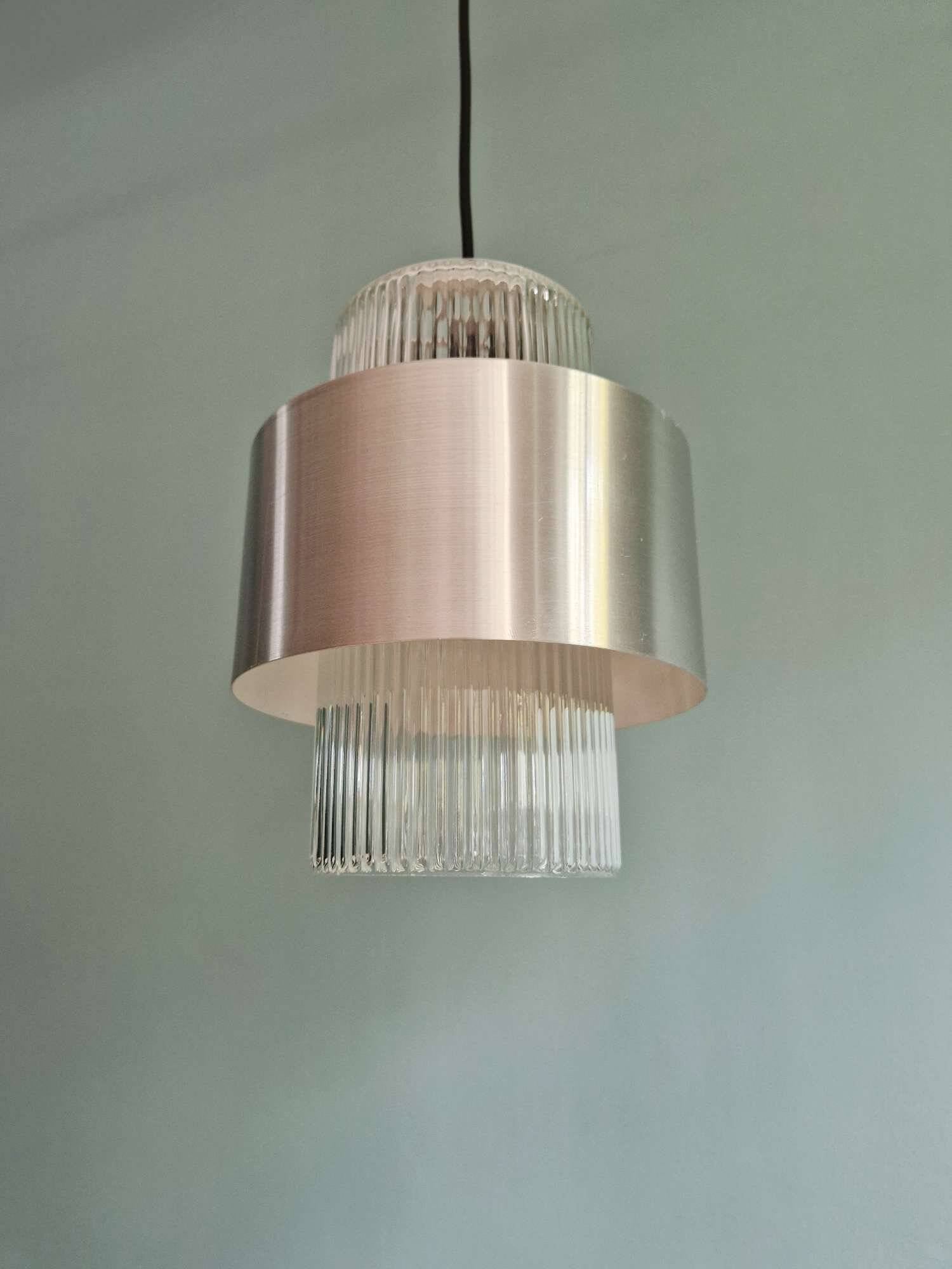 Scandinavian pendant light in grooved transparent glass and brushed aluminum, 1960