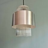 Scandinavian pendant light in grooved transparent glass and brushed aluminum, 1960