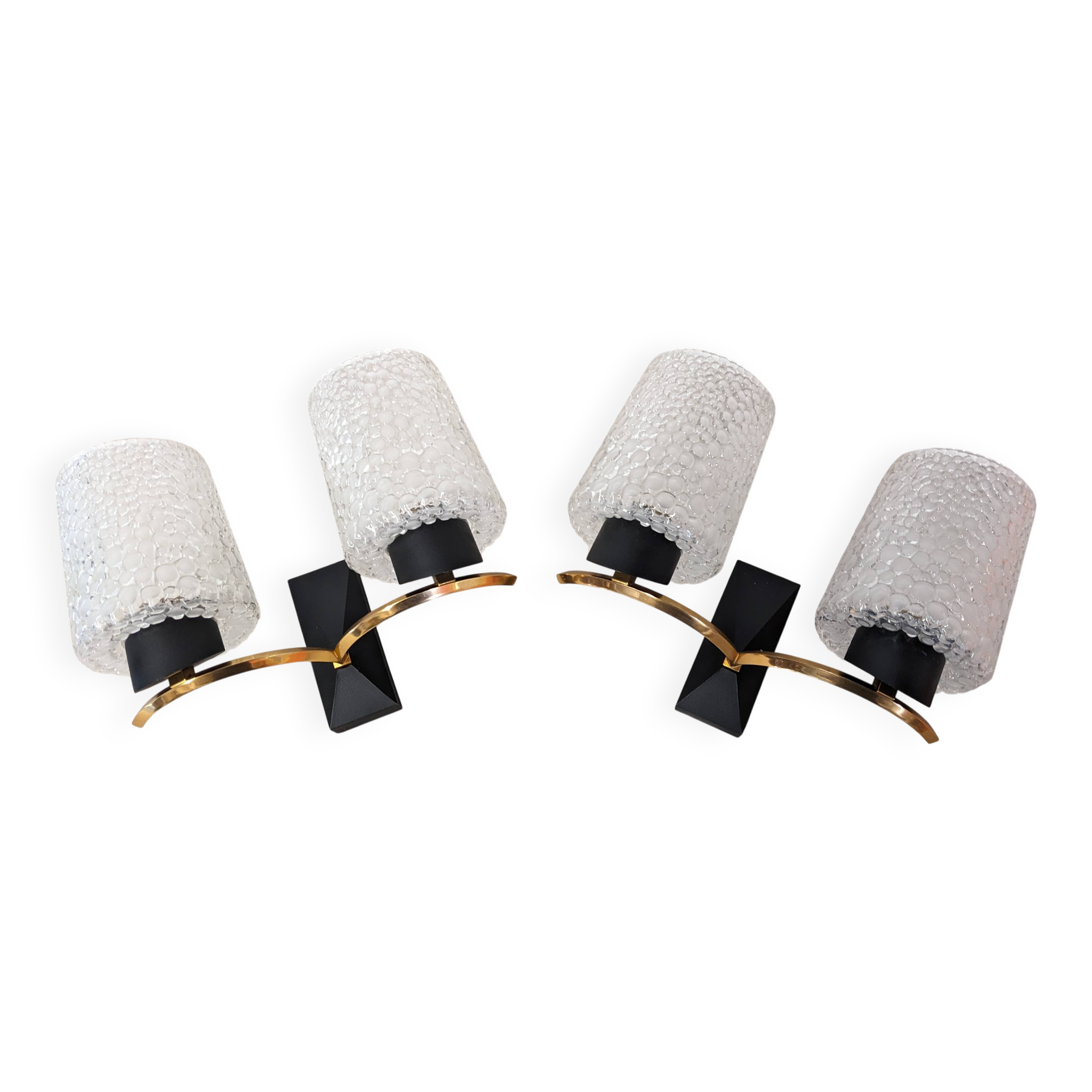 Pair of double wall lights in bubbled glass by Maison Arlus, France circa 1960.