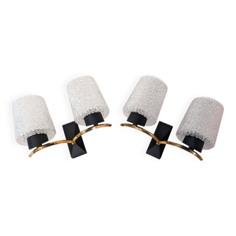 Pair of double wall lights in bubbled glass by Maison Arlus, France circa 1960.