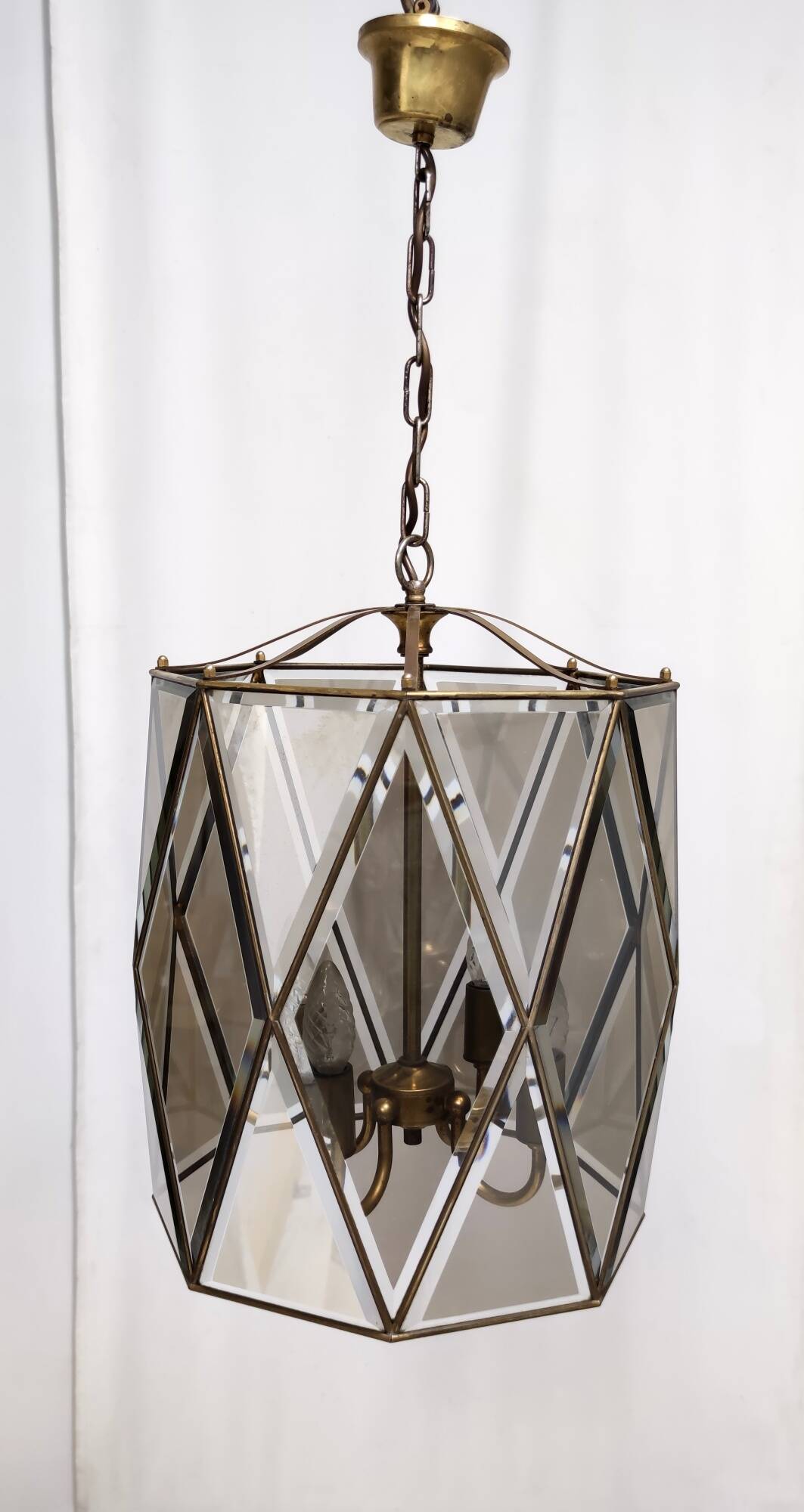 Handmande Octagonal Glass and Brass Pendant Lantern, Italy
