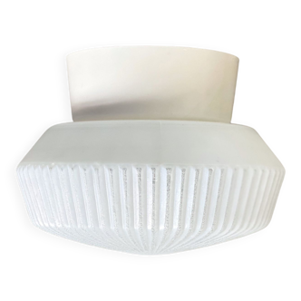 Vintage milk glass ceiling lamp with a striped relief