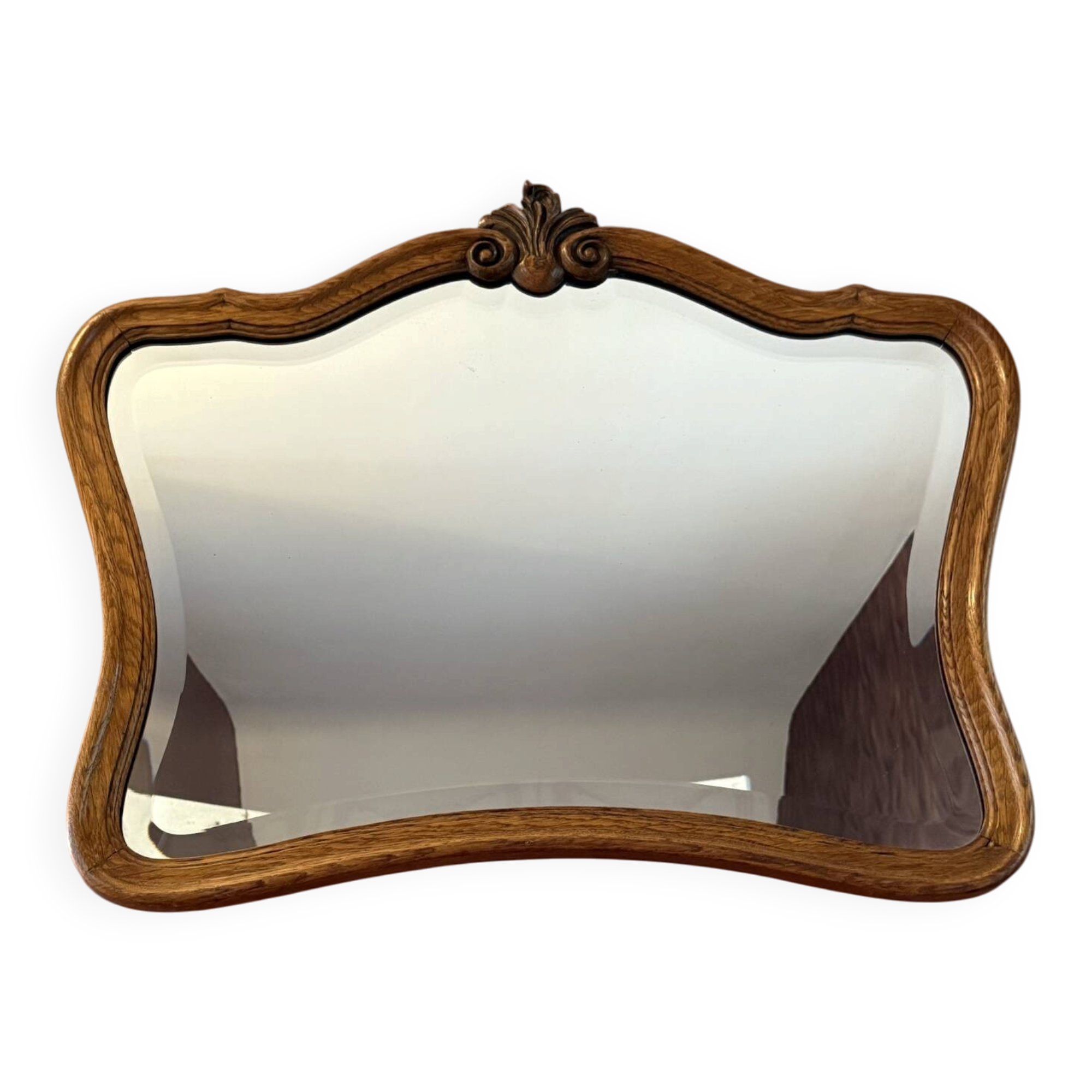 Antique bevelled mirror, oak frame