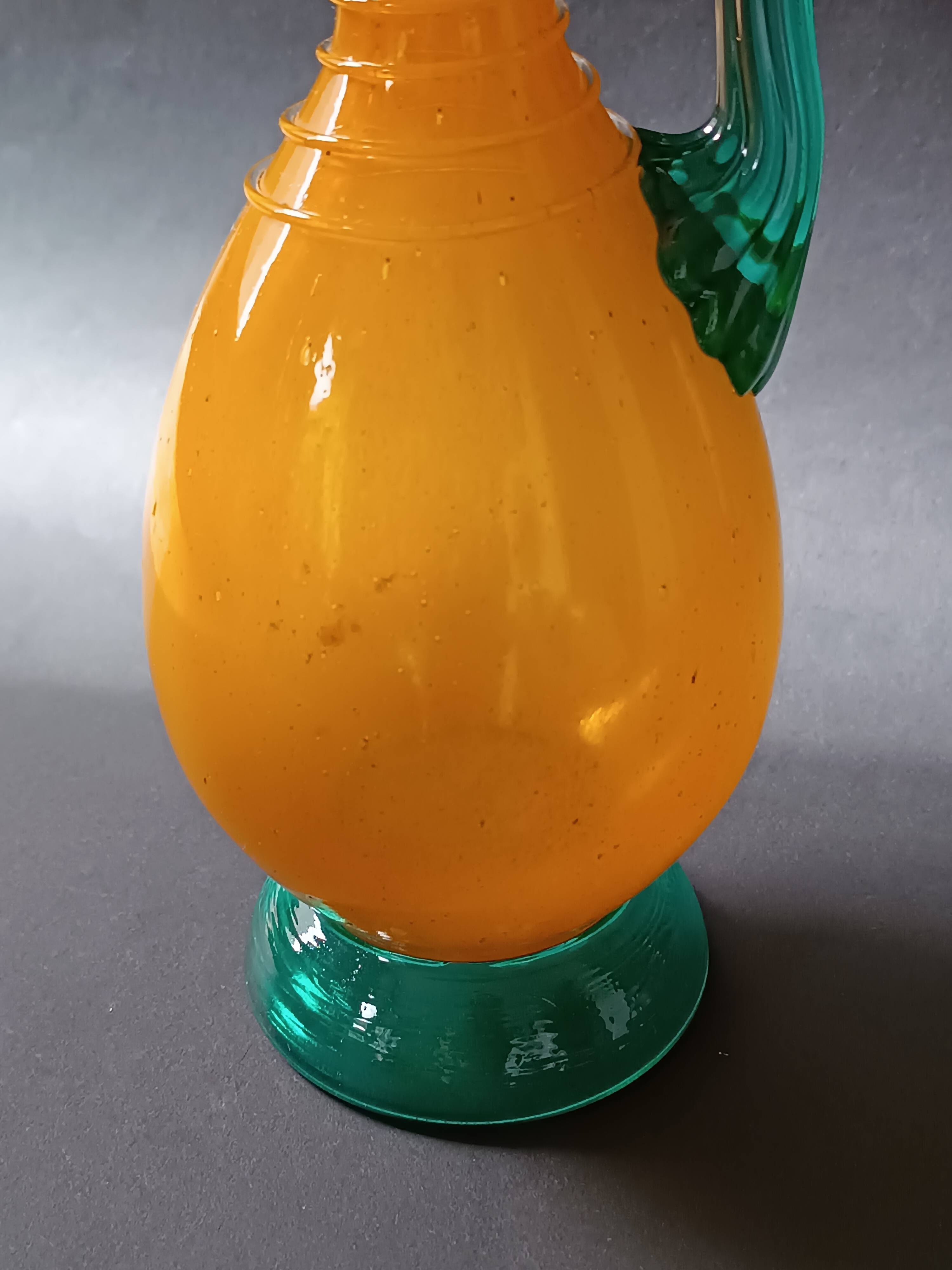 Vintage orange and green blown glass bottle, art glassware