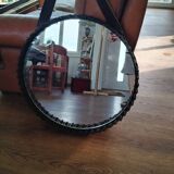 Old rattan mirror with leather strap