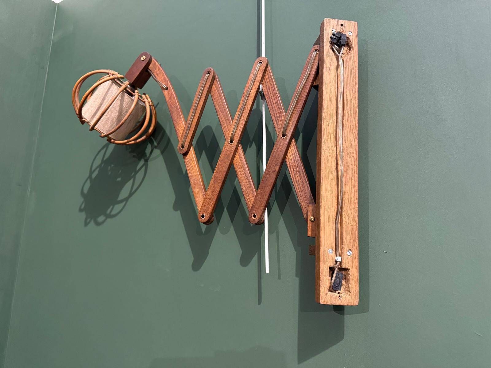 Vintage accordion wall lamp in wood, rattan and fabric