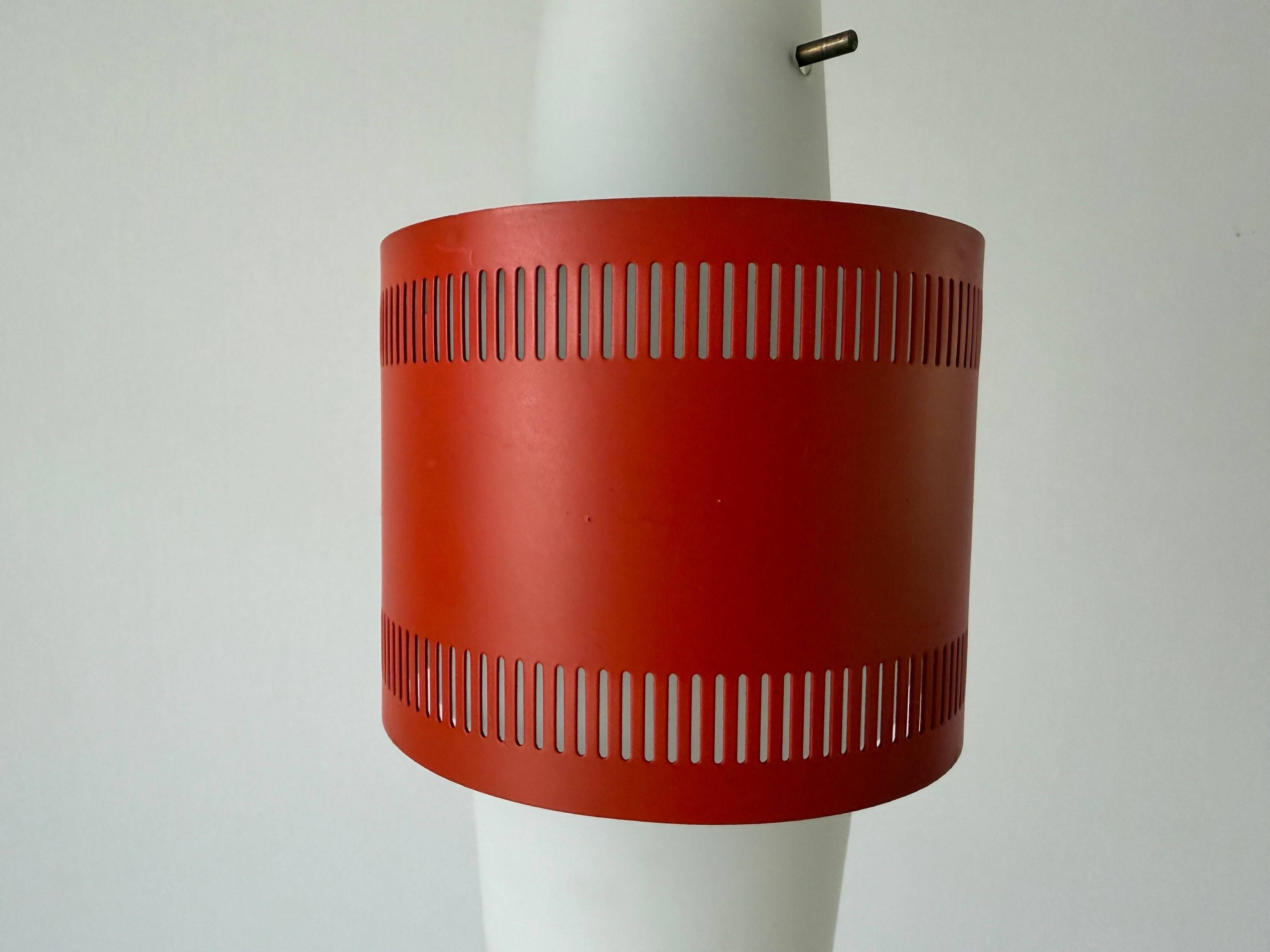 Glass ceiling light with an orange metal frame, 1960s, Germany.
