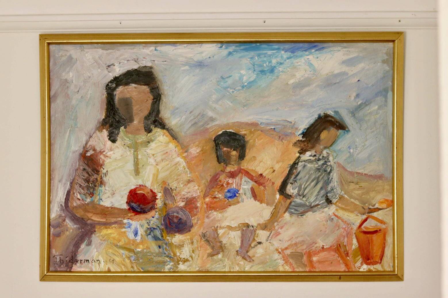 Large Swedish Mid-Century Oil on Panel" Beach" by Stig Thiderman (1920-1973) - Vintage and Framed