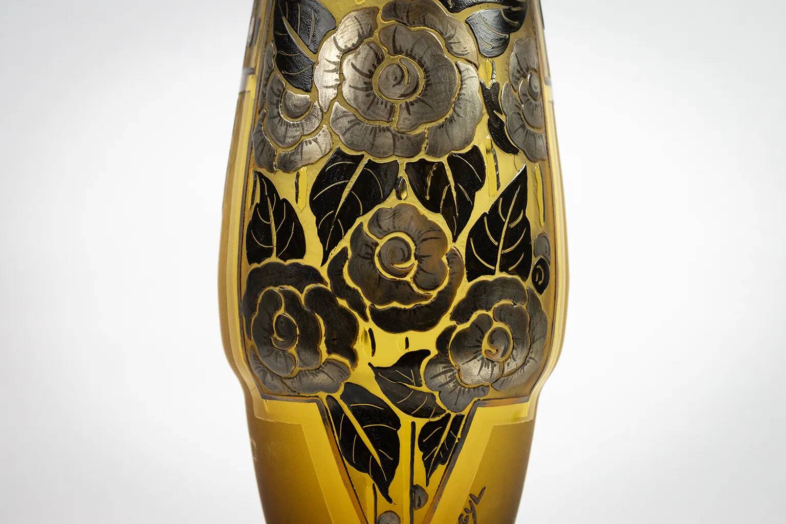 Art Deco vase in amber glass with acid-etched floral decoration – D'Argyl