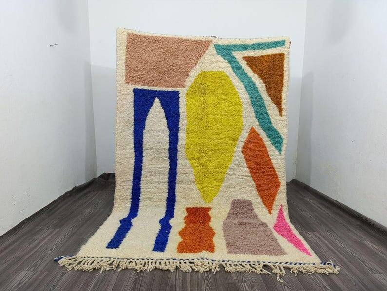 Blessed Moroccan Ourain rug, handwoven with colourful patterns, 150/250 cm.