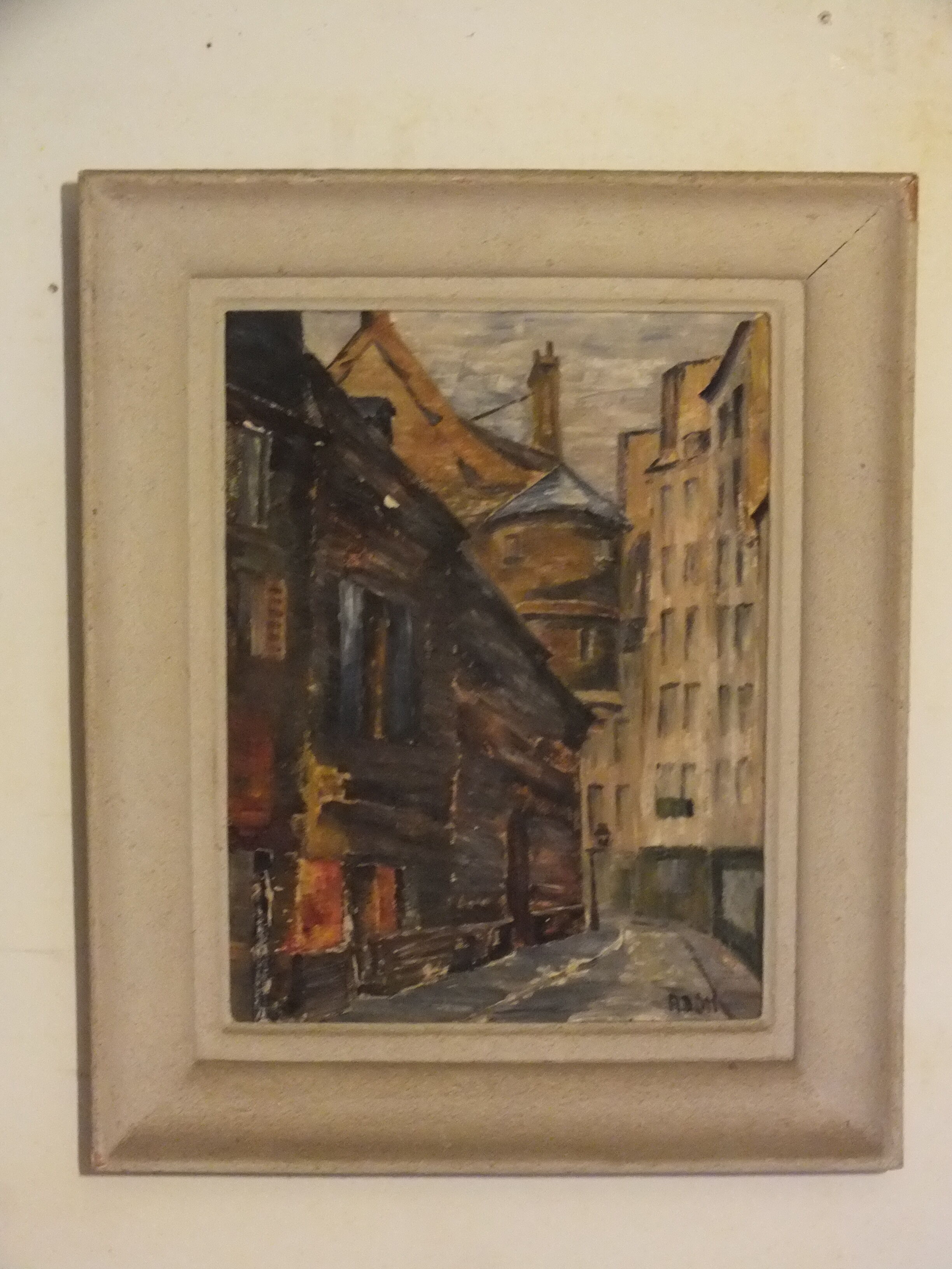 Painting on cardboard alley in Paris or Rouen