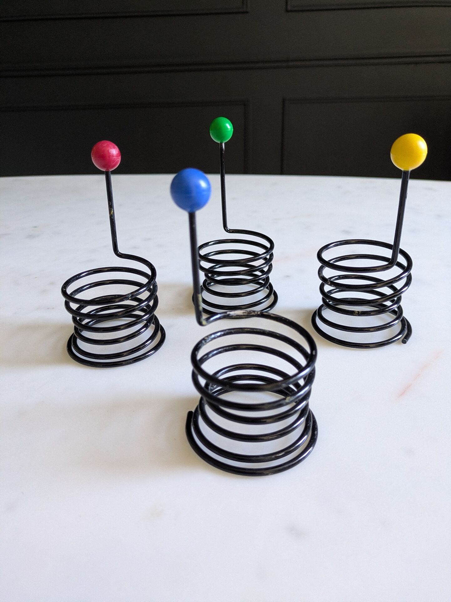 Set of egg cups "Egg Boy" by Wang and Merlo. Memphis design 80s.