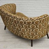 Canapé danois 2 places "banana", état d'origine, tissu d'ameublement run/beige, bois de hêtre, années 1960,