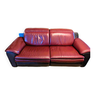 Canapé cuir de cuir center bicolore (bordeaux - noir) relax électrique