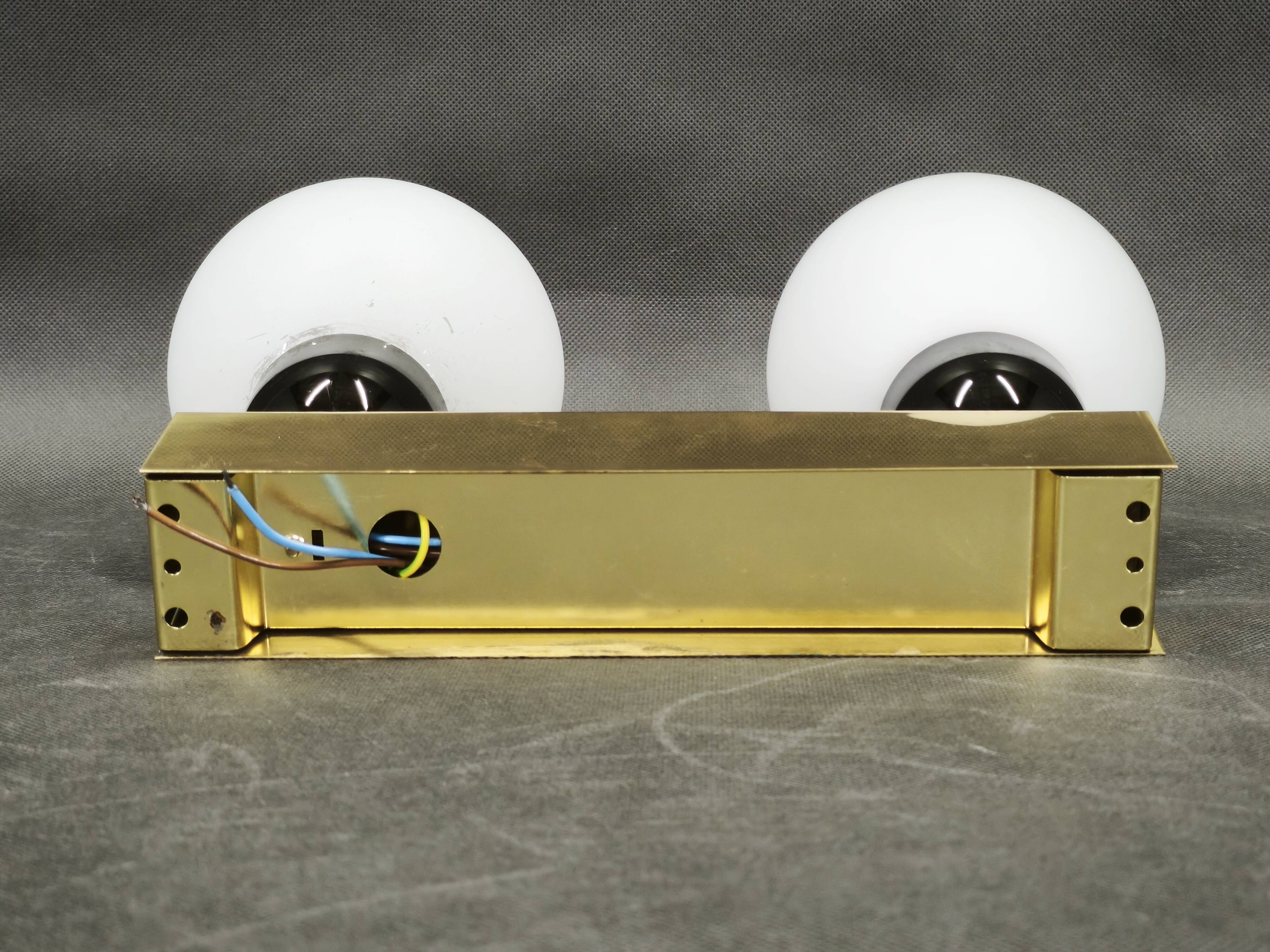 Kamenický Šenov Brass Double Globe Wall Light, Czechoslovakia, 1970s