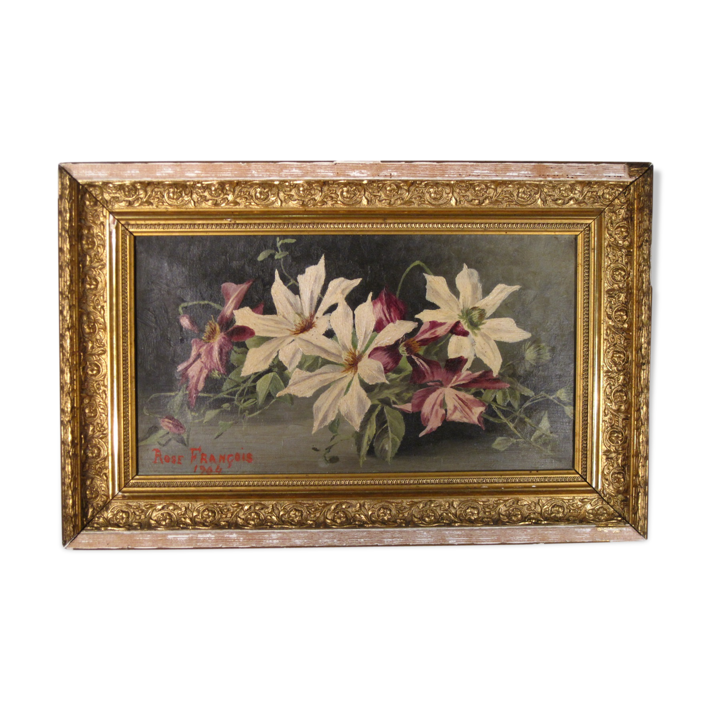 Peinture huile sur toile fleurs clématites signé François Rose 1904
