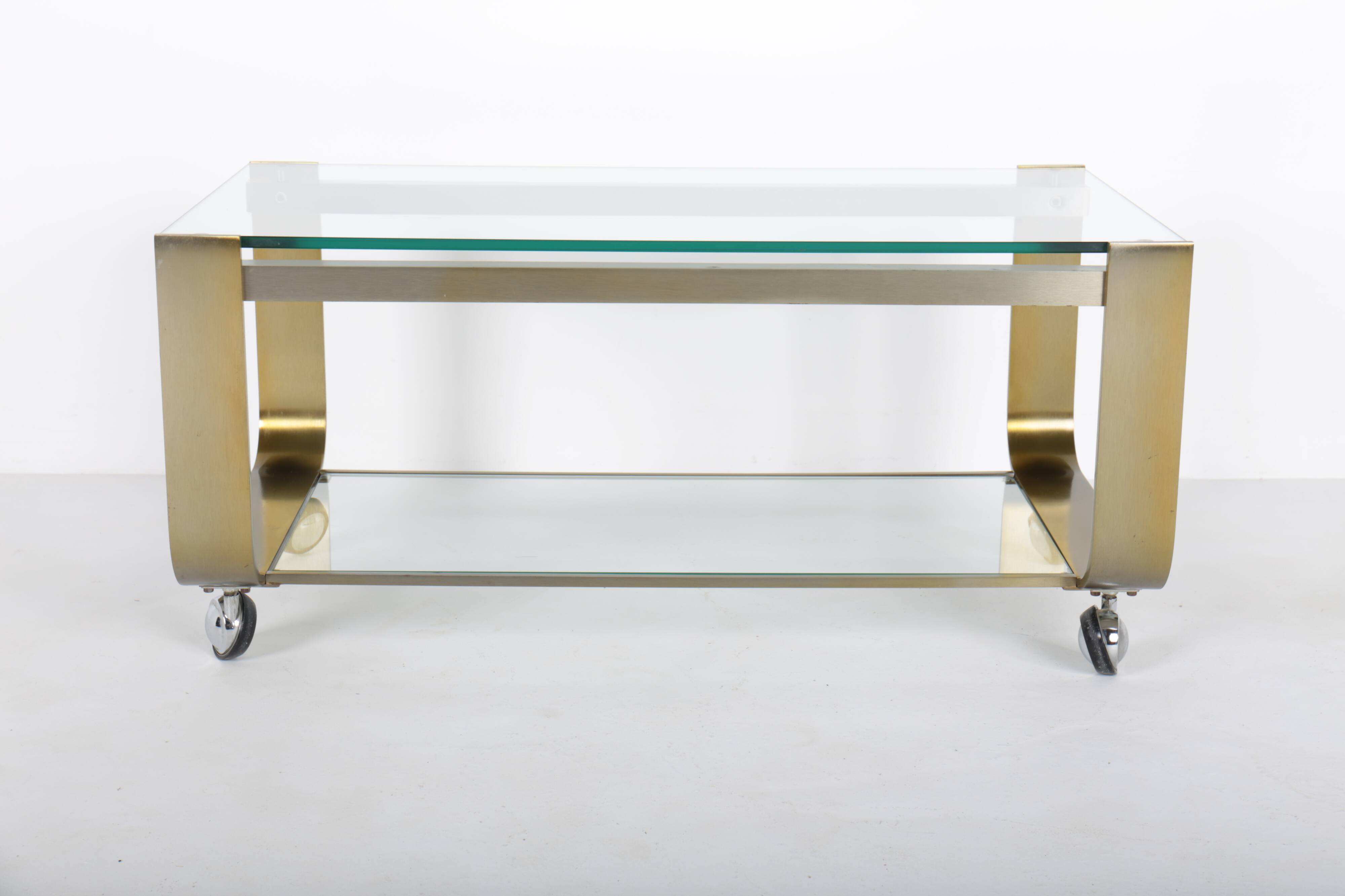 Vintage coffee table in gold metal and double glass top, 70s