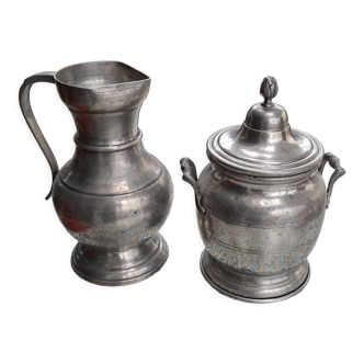 Set of a pitcher and a pot, made of tin, large size