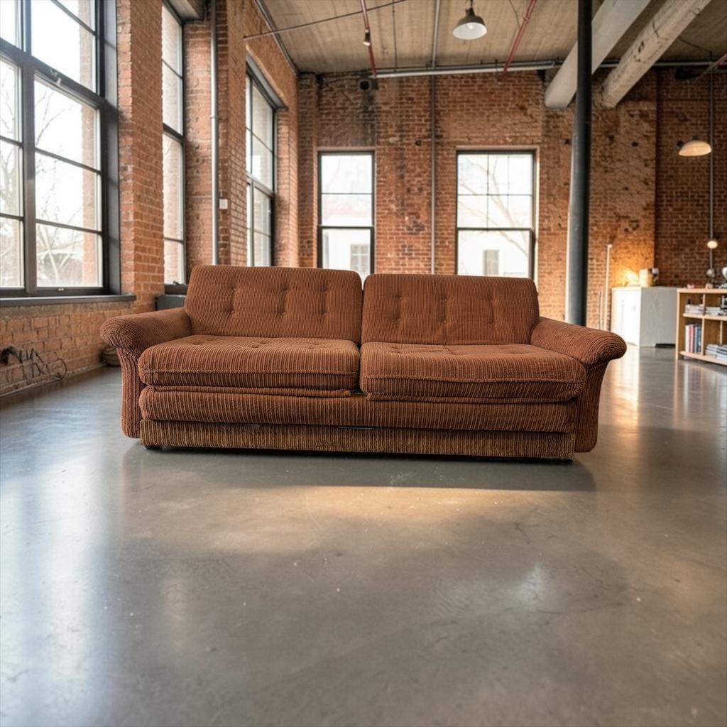 Vintage brown ribbed two-seater canapé / daybed / sofa