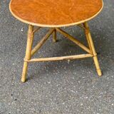 Table basse vintage ronde cuir rotin et bambou