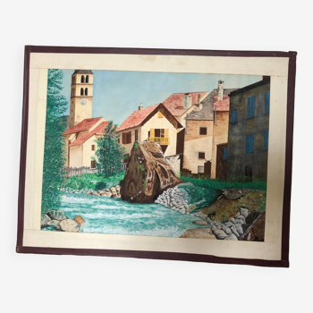 Framed drawing painting mountain village