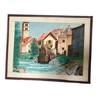 Framed drawing painting mountain village