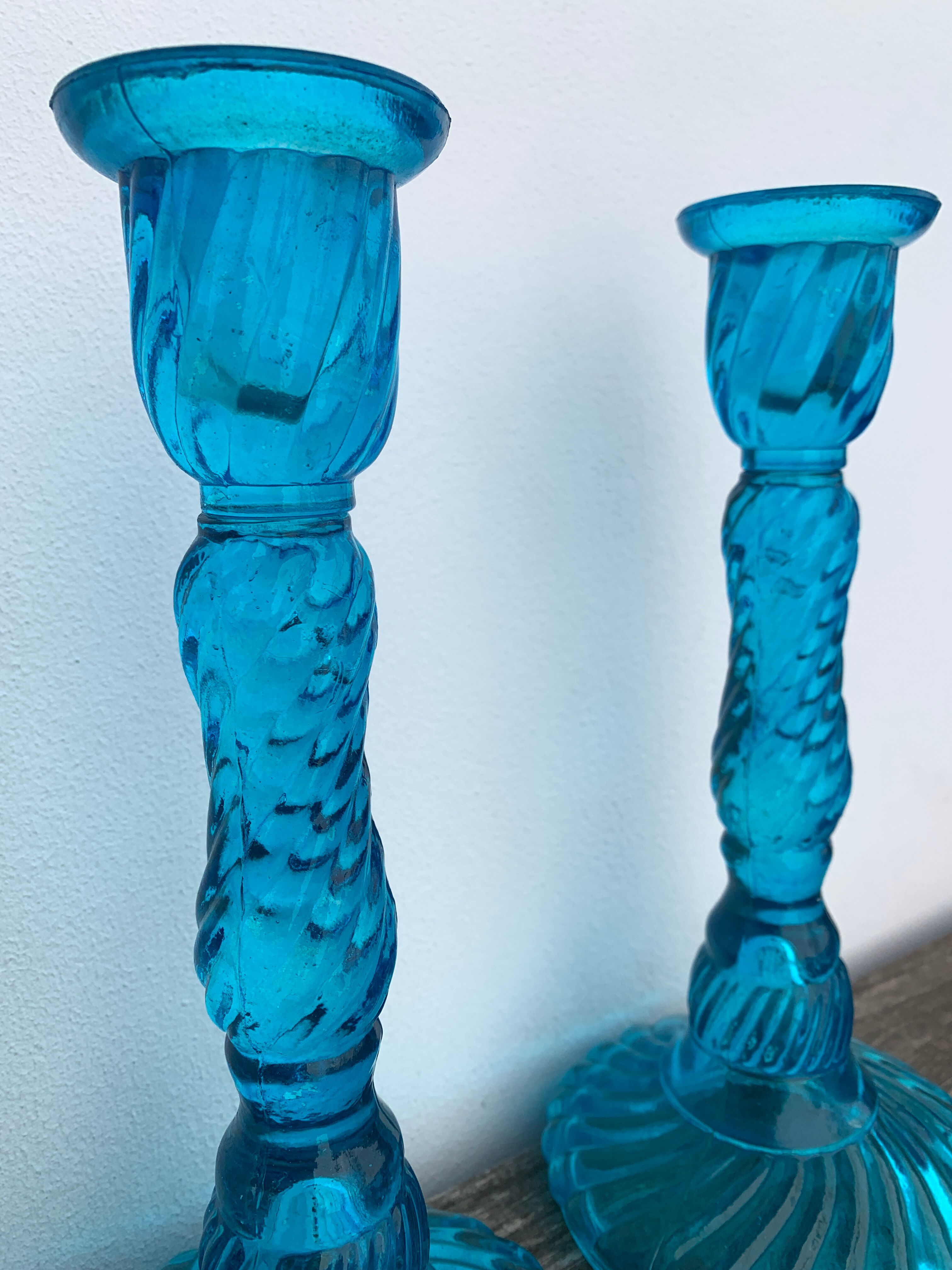 Pair of molded pressed blue glass candle holders
