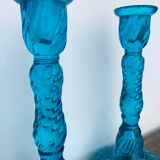 Pair of molded pressed blue glass candle holders