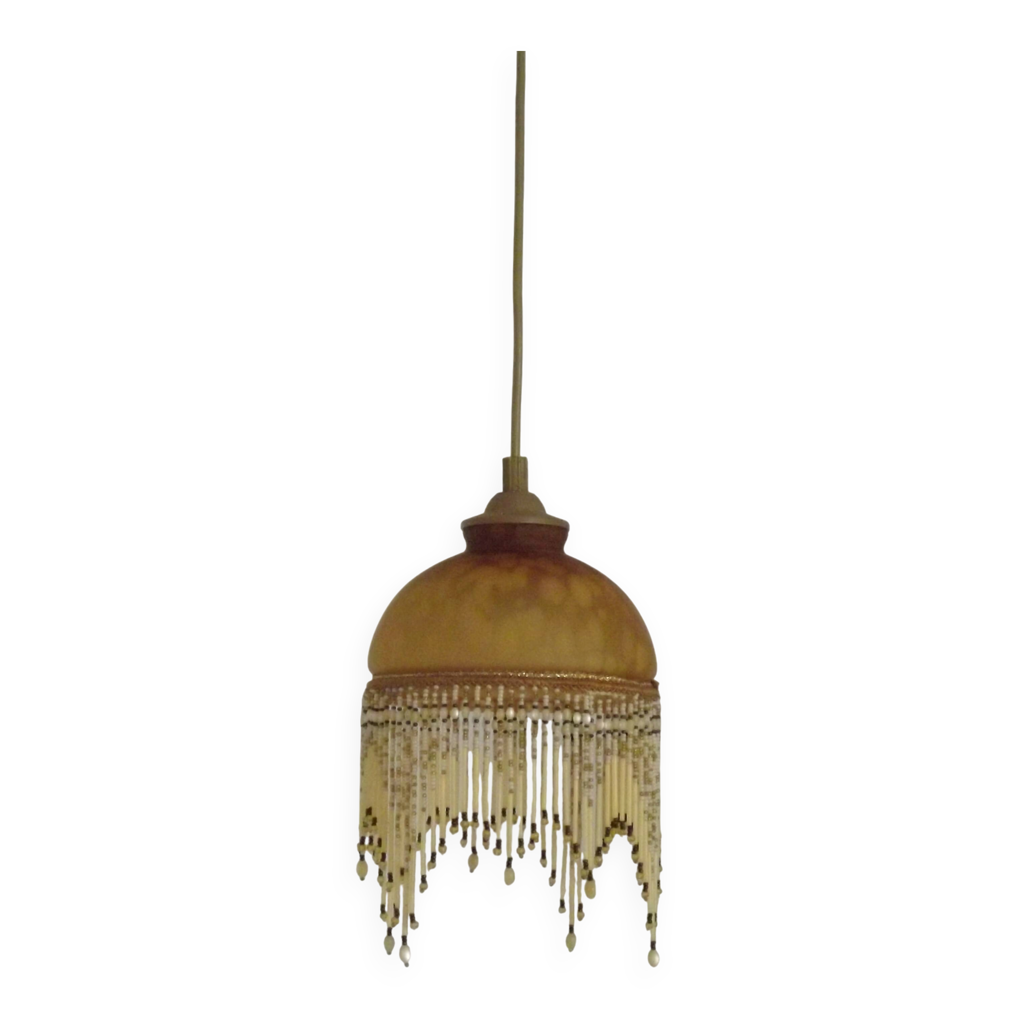 Vintage French amber mottled glass hanging ceiling light with beaded fringe.