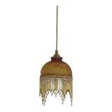 Vintage French amber mottled glass hanging ceiling light with beaded fringe.