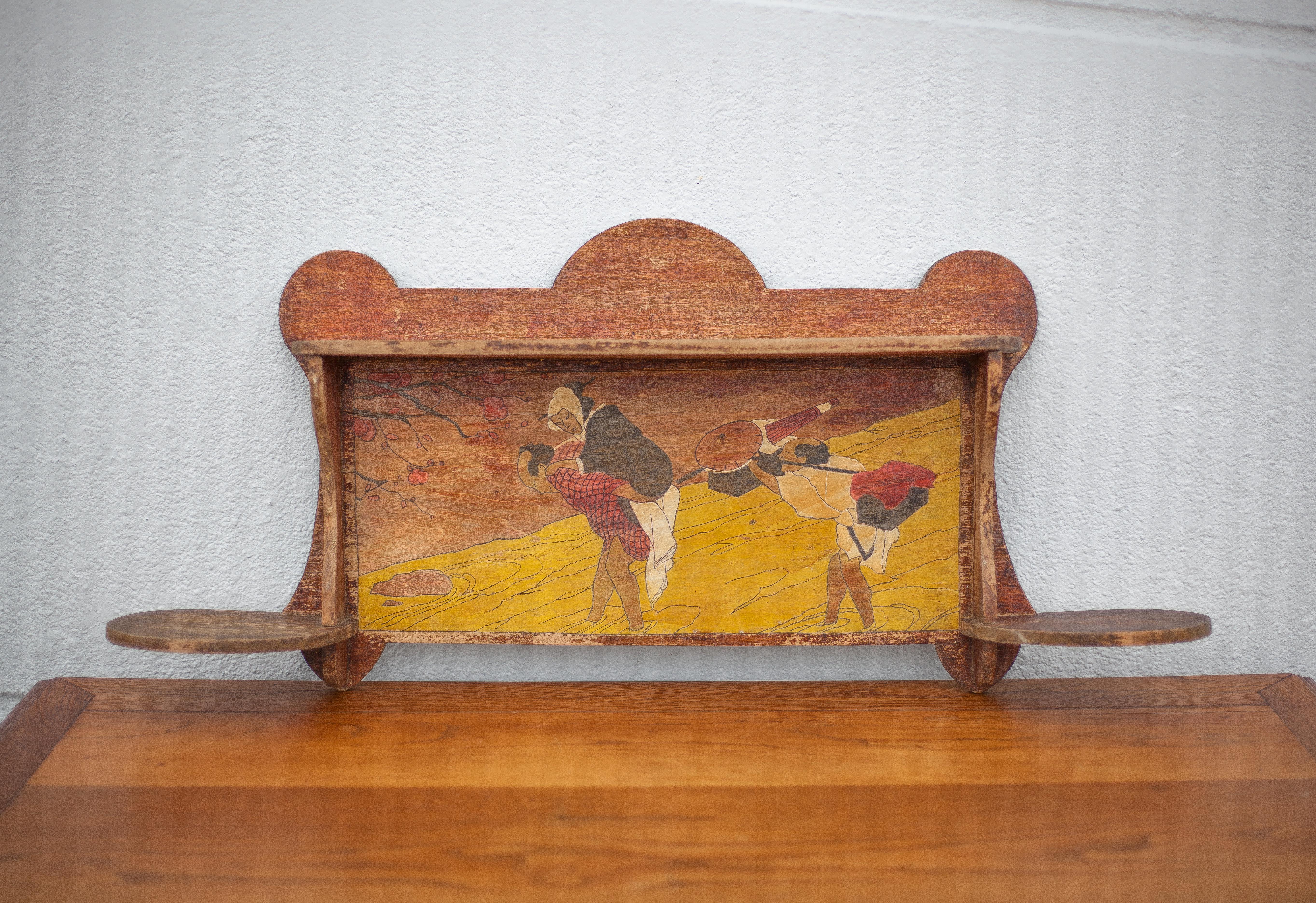 Art nouveau wood shelf, wall shelf with asian scene, antique shelf, interior decoration