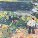 Oil on canvas landscape with 2 boats
