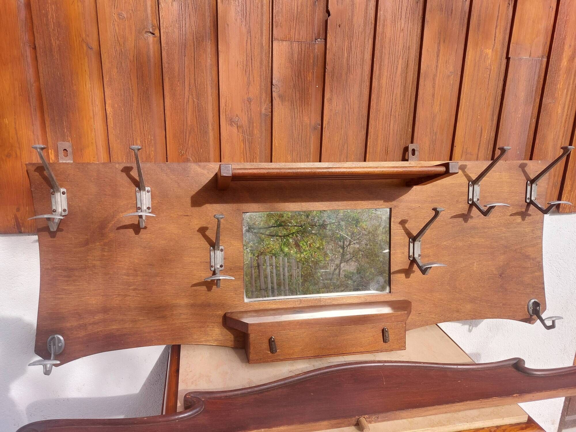 coat rack, hooks, wood and metal, vintage