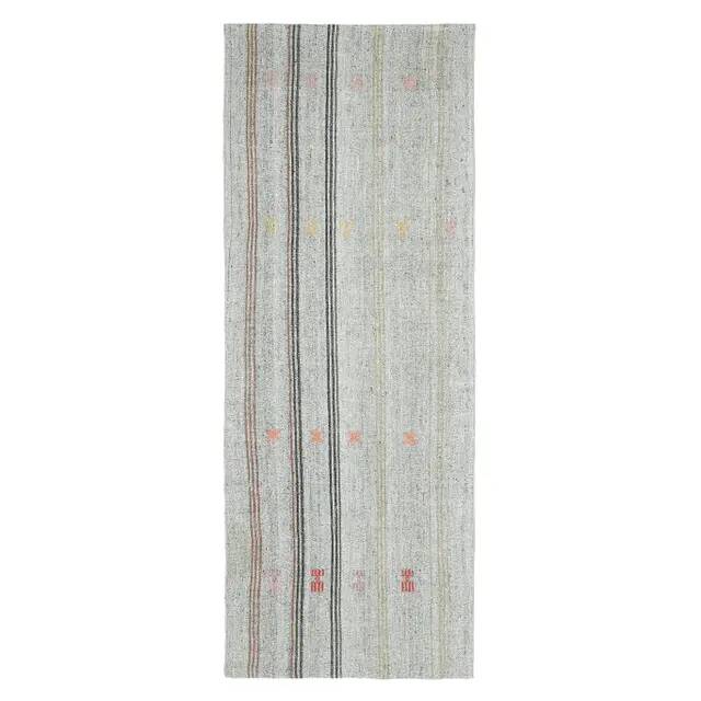 Vintage Turkish Hand-Knotted Wool Cotton Gray Kilim Runner 102x266