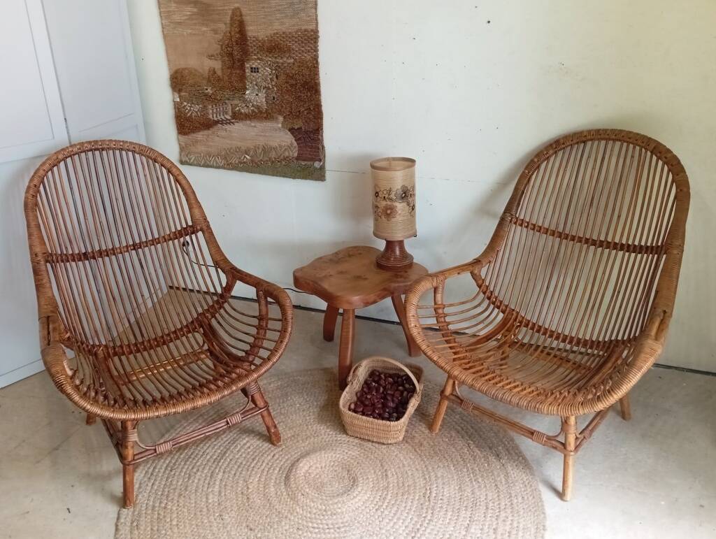 Pair of high-back rattan armchairs