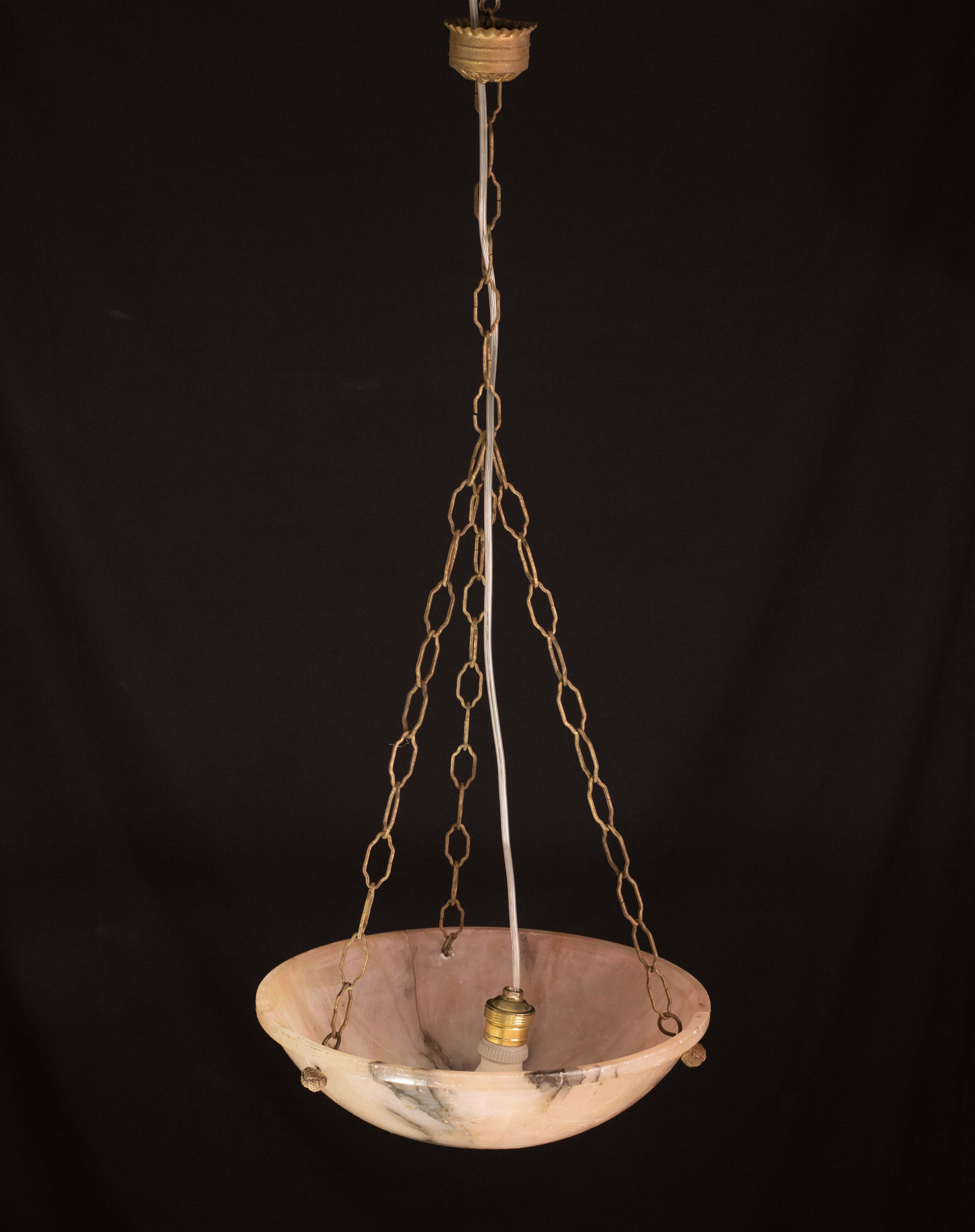 Art Decò Albaster white and pink chandelier, 1950s