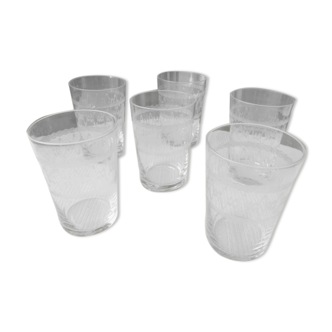 Set of 6 glass water glasses guilloché decoration