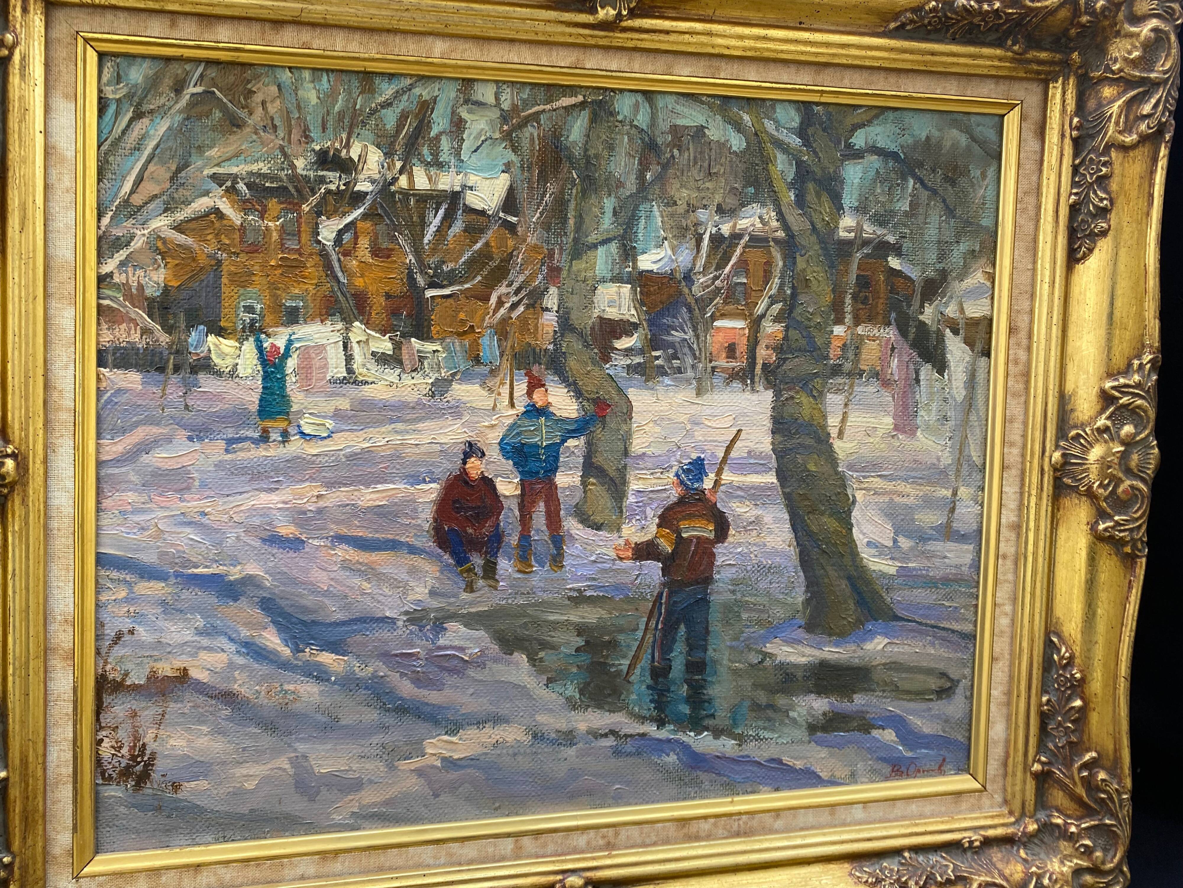 Table Russian school XX° "Animated winter landscape" Children playing signed + frame