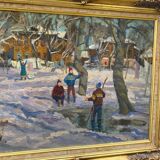 Table Russian school XX° "Animated winter landscape" Children playing signed + frame