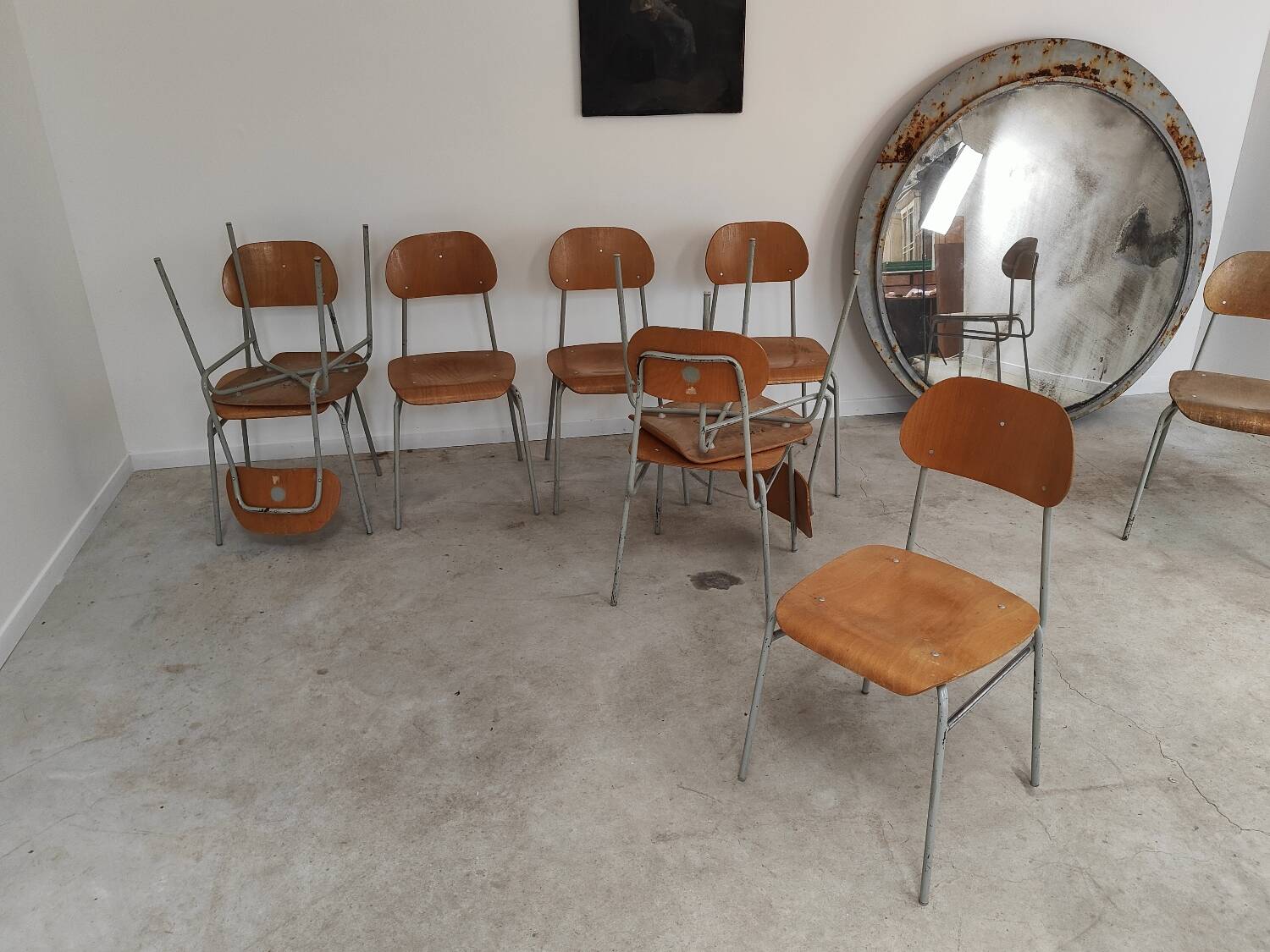 Set of 8 industrial style school chairs, Czechoslovakia 1950