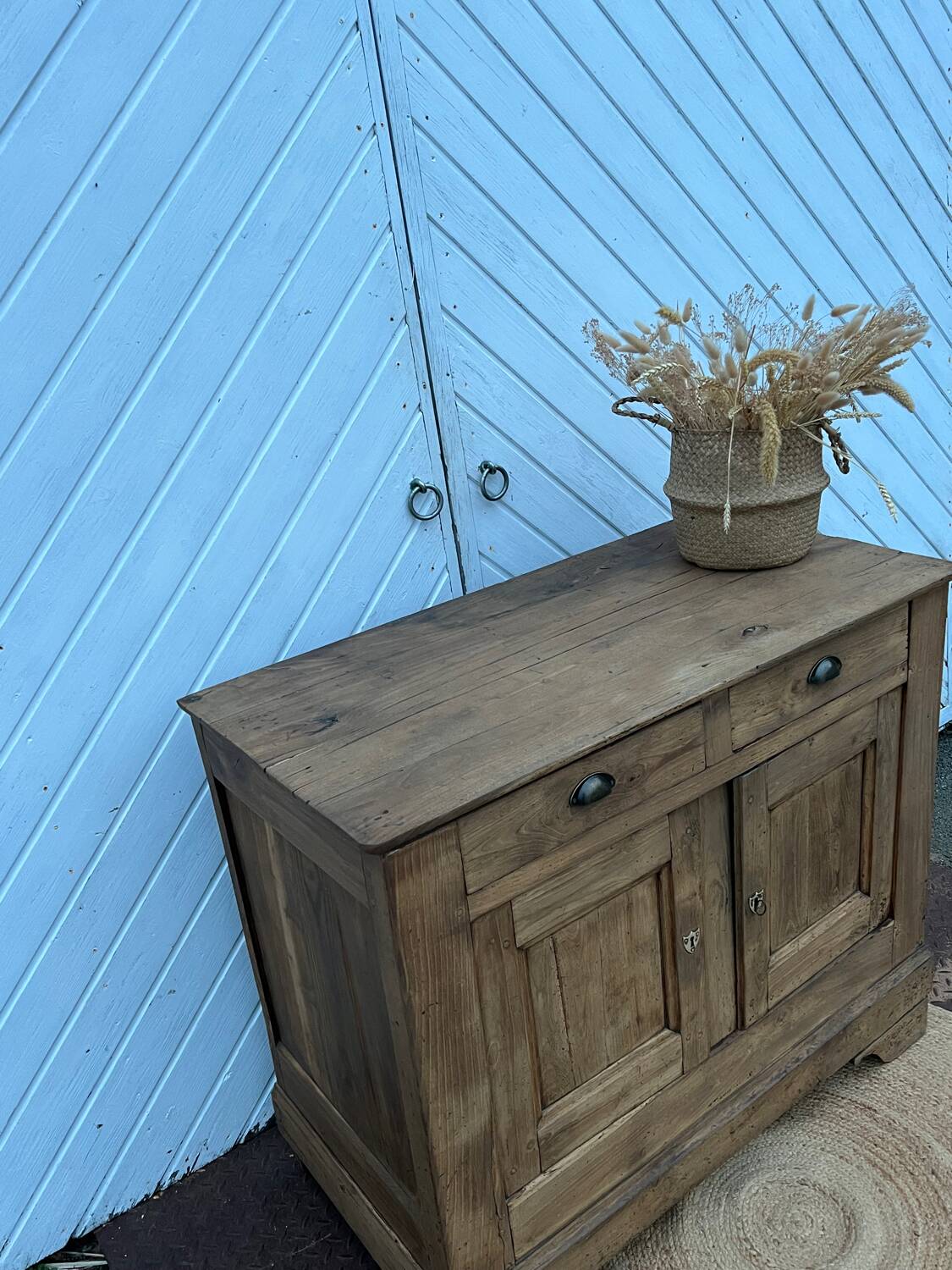 Antique sideboard with 2 drawers in solid raw oak, chic country style