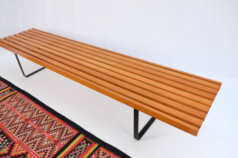 Bench in 60s-70s style, slatted bench, low seat, retro vintage style from the 60s-70s.