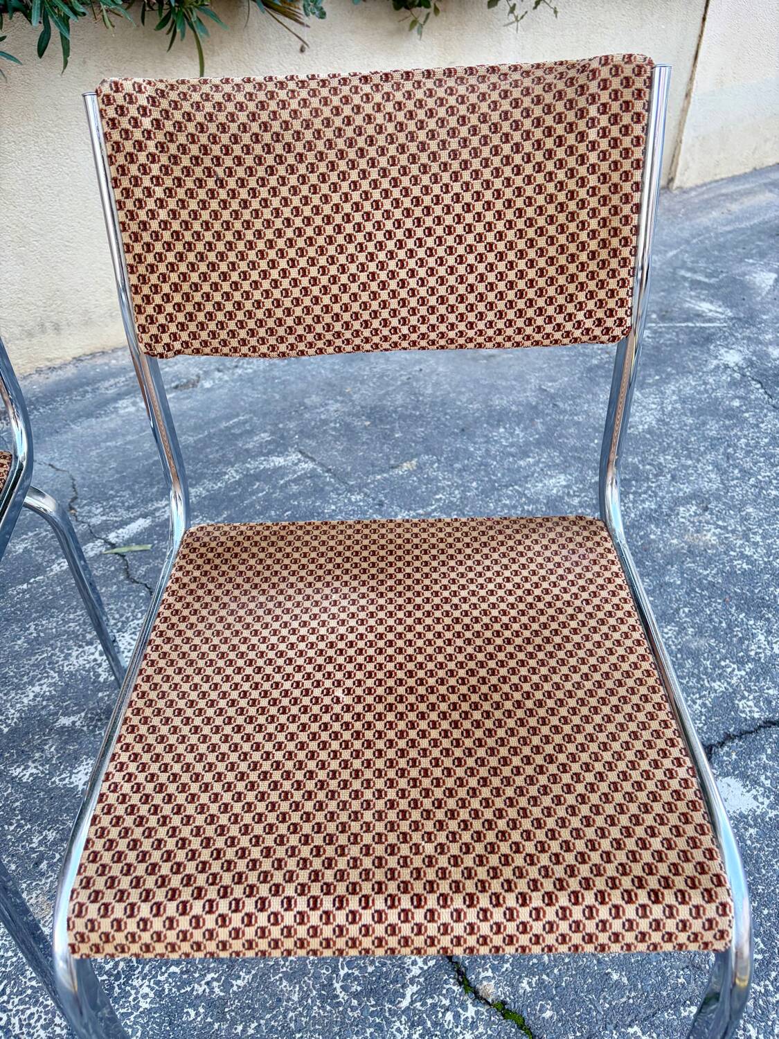 Pair of vintage velvet patterned chairs/steel from the 70s.