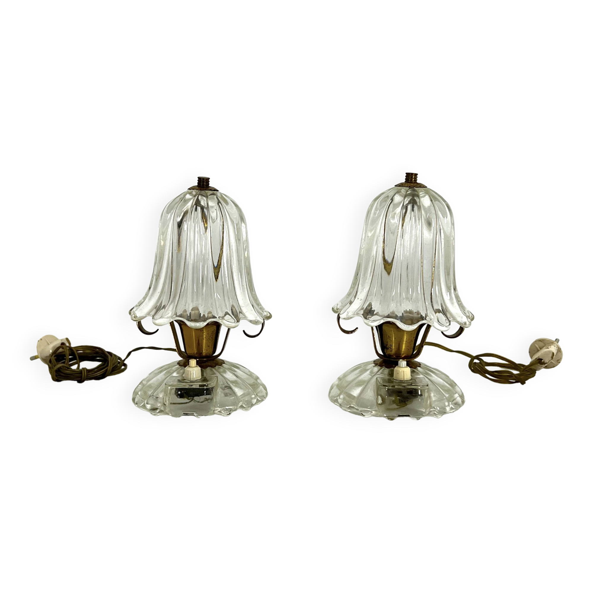 Mid-Century pair of Ercole Barovier Murano glass and brass table lamps. 1940s