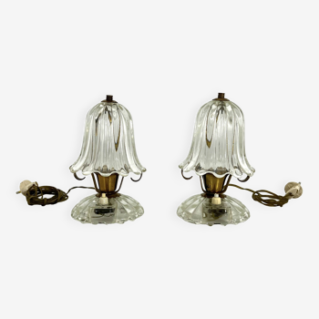 Mid-Century pair of Ercole Barovier Murano glass and brass table lamps. 1940s