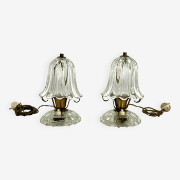 Paire de lampes de table Ercole Barovier en verre de Murano et laiton du milieu du siècle. années 1940