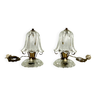 Mid-Century pair of Ercole Barovier Murano glass and brass table lamps. 1940s